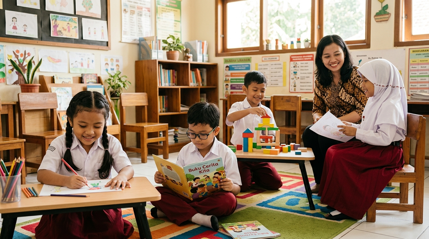 Anak-anak belajar dan bermain dengan cara berbeda dalam lingkungan pendidikan yang inklusif