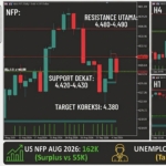 Grafik teknikal XAUUSD Daily H4 H1 dan reaksi pasar emas tertekan pasca rilis data NFP AS Agustus 2026.