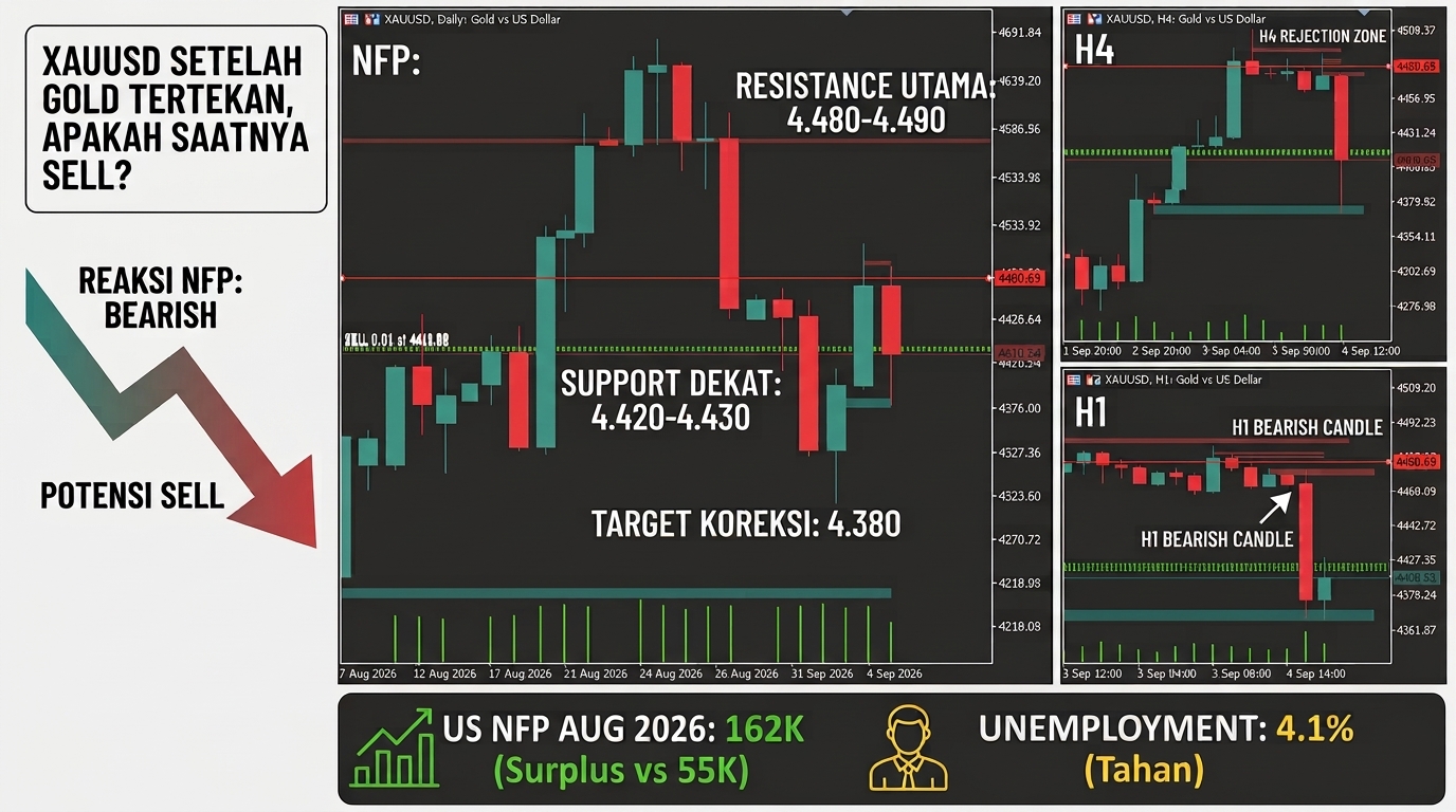 Grafik teknikal XAUUSD Daily H4 H1 dan reaksi pasar emas tertekan pasca rilis data NFP AS Agustus 2026.